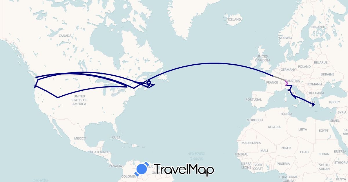 TravelMap itinerary: driving, plane, train in Canada, Switzerland, France, Greece, Italy, United States (Europe, North America)
